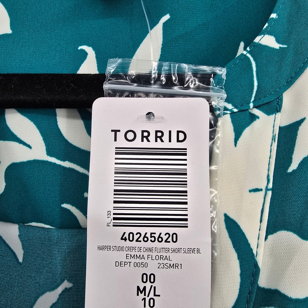 New Torrid Harper Teal Green White Floral Flutter‎ Sleeve Blouse Size 00 M/L 10 - Picture 6 of 11